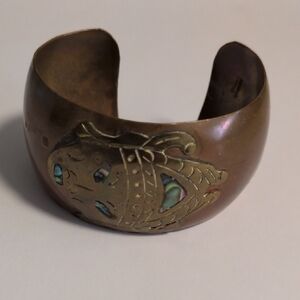 Vintage Mexican Brass Cuff Bracelet Inlaid Abalone Eyes Stamped “Made in Mexico